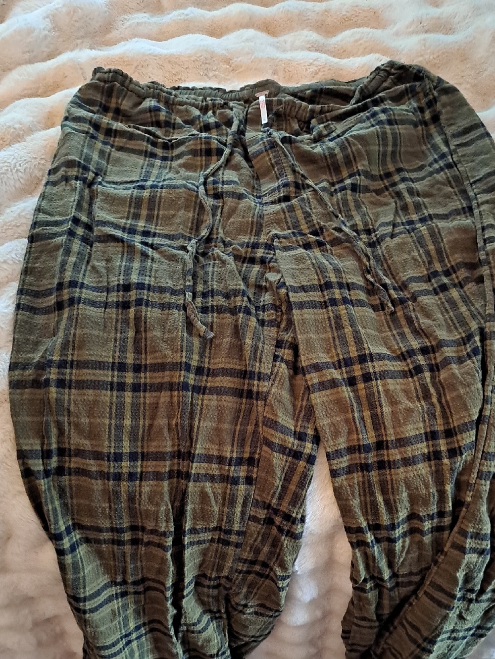 Free People Olive Green Plaid Wide-Leg Casual  Pants Sz Xl